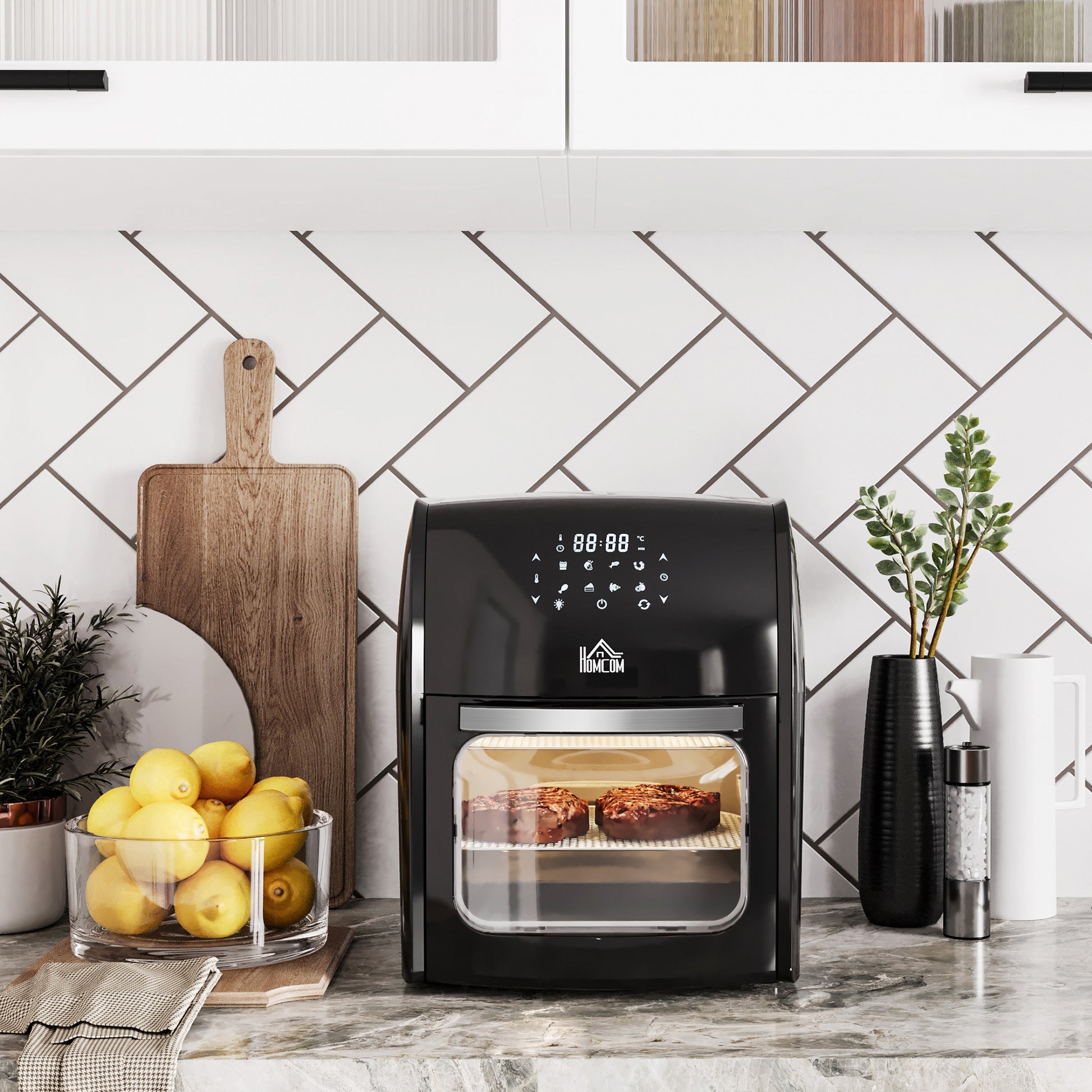 HOMCOM 12L 8-in-1 digital air fryer oven in black with control panel, inner light, and accessories, featuring multiple cooking modes.