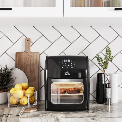 HOMCOM 12L 8-in-1 digital air fryer oven in black with control panel, inner light, and accessories, featuring multiple cooking modes.