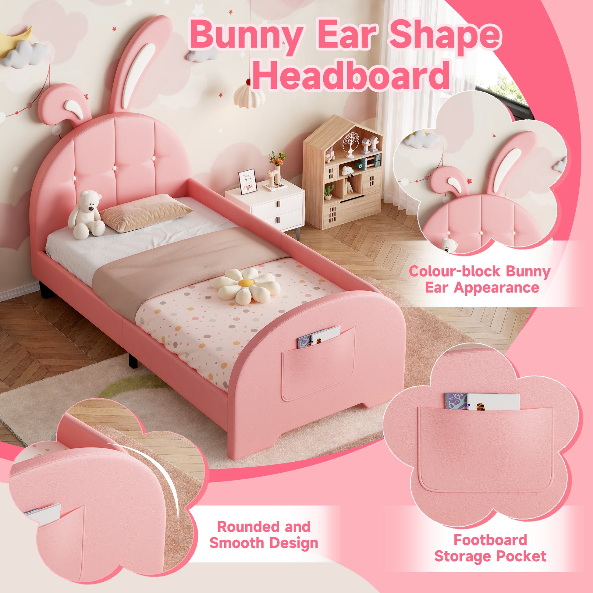 HOMCOM pink single rabbit-shaped upholstered bed frame with bunny ear headboard, storage pocket, soft PU leather, sturdy metal-wood frame