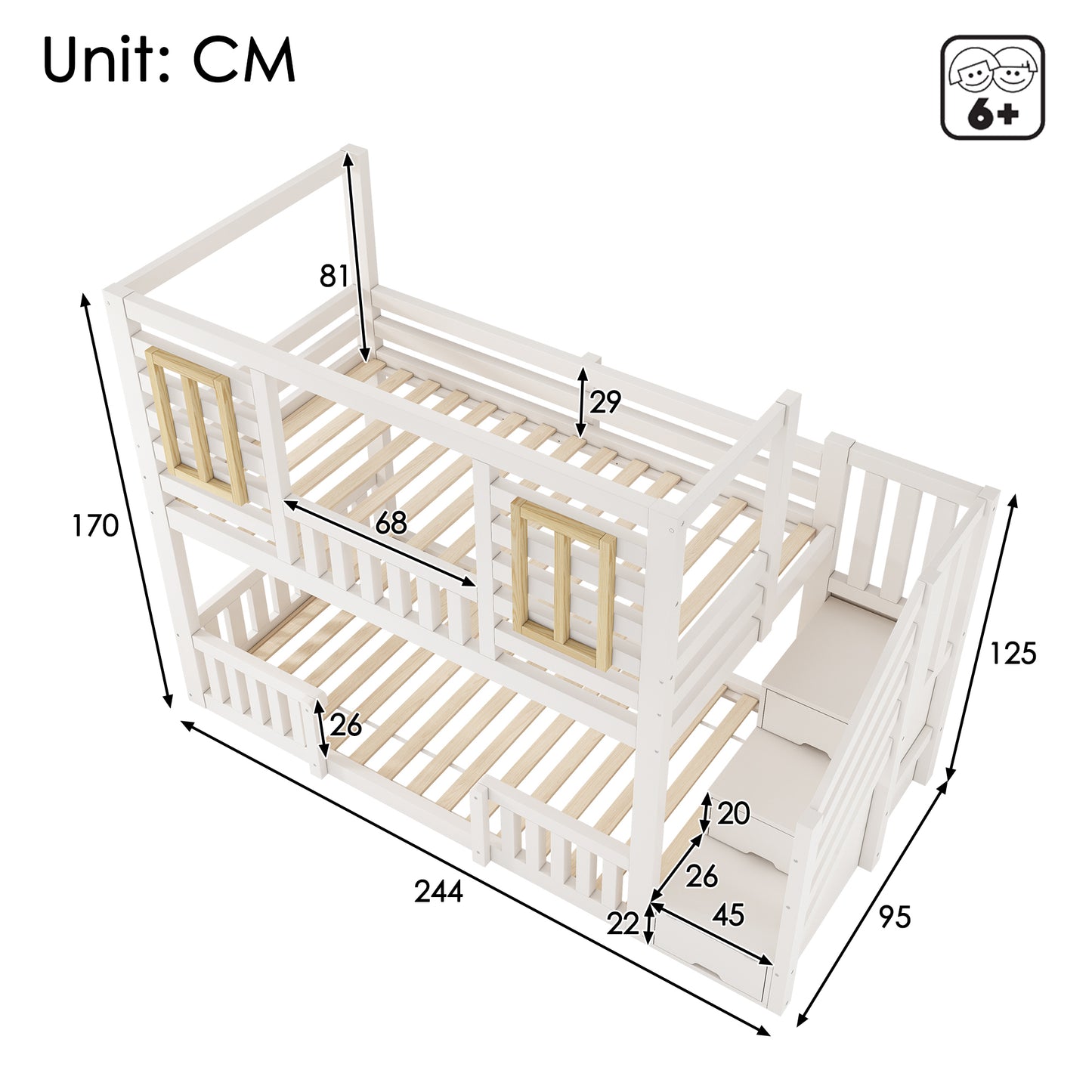 White wooden bunk bed for kids with staircase storage and treehouse design, twin size 90x190 cm, solid wood construction.