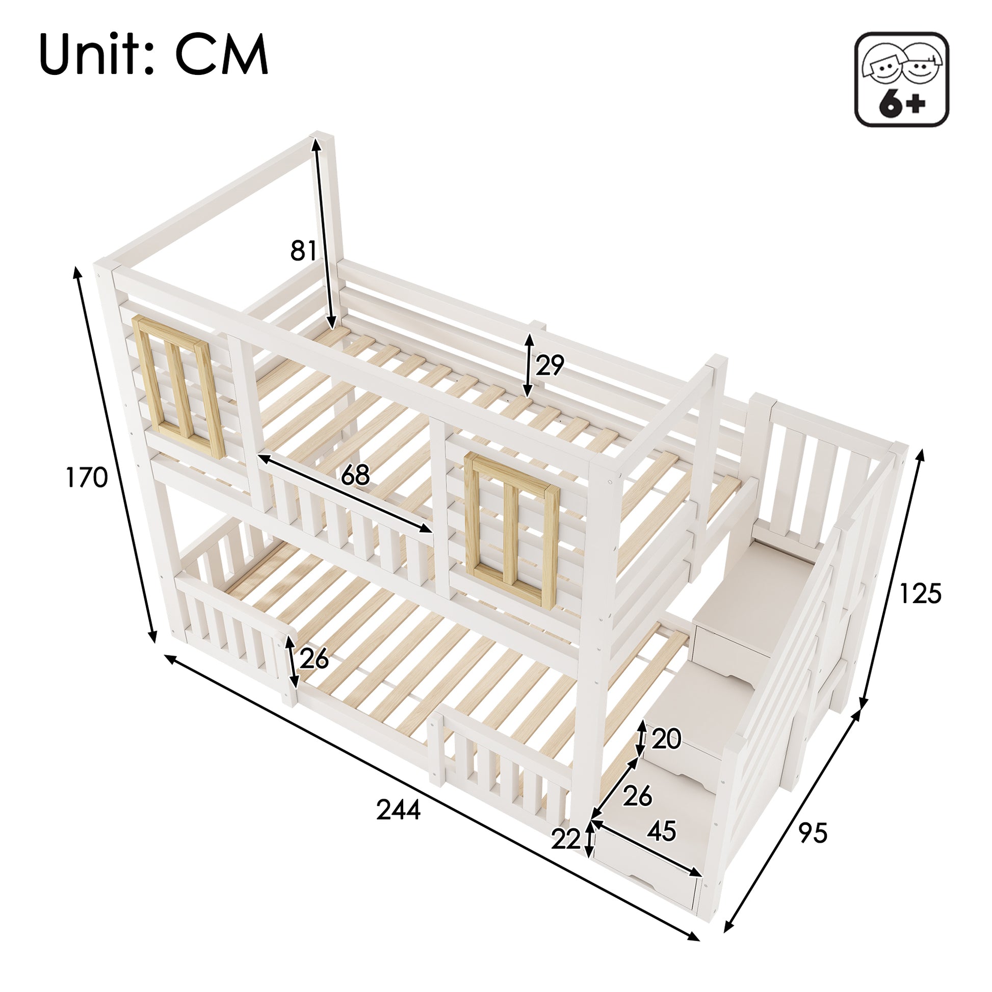 White wooden bunk bed for kids with staircase storage and treehouse design, twin size 90x190 cm, solid wood construction.