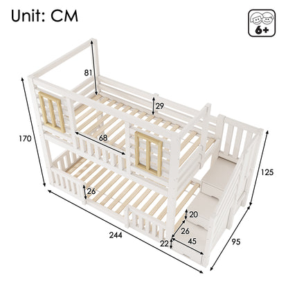 White wooden bunk bed for kids with staircase storage and treehouse design, twin size 90x190 cm, solid wood construction.