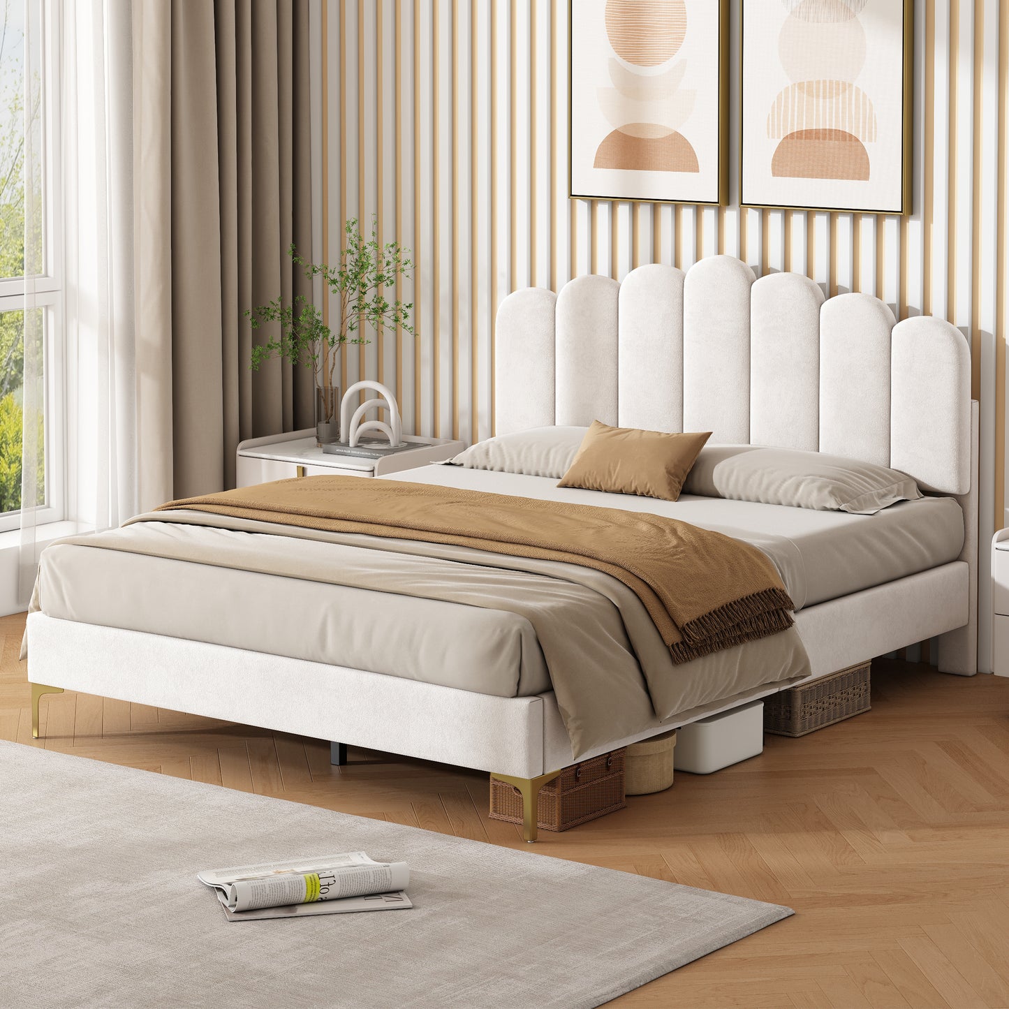 HOMCOM 4ft6 double beige velvet upholstered bed frame with scalloped channel tufted headboard, gold metal feet, and under-bed storage