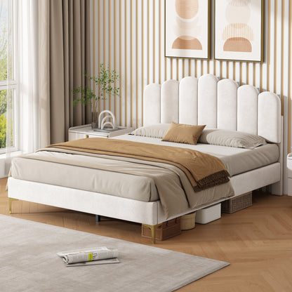 HOMCOM 4ft6 double beige velvet upholstered bed frame with scalloped channel tufted headboard, gold metal feet, and under-bed storage