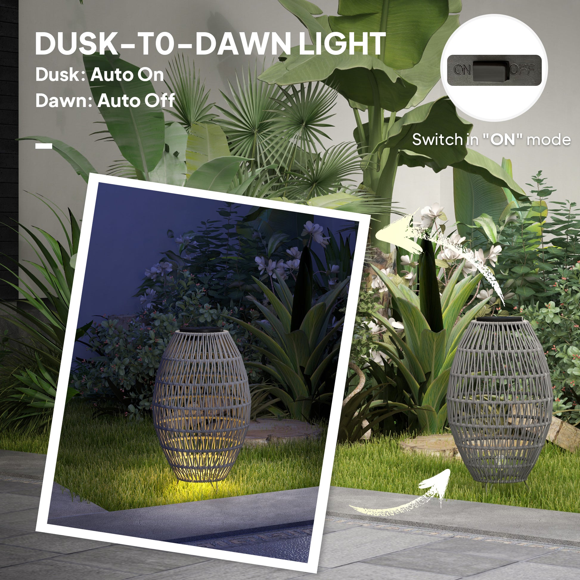 HOMCOM rattan solar garden lantern with auto on/off, waterproof IP44, decorative outdoor light for porch or pathway in grey
