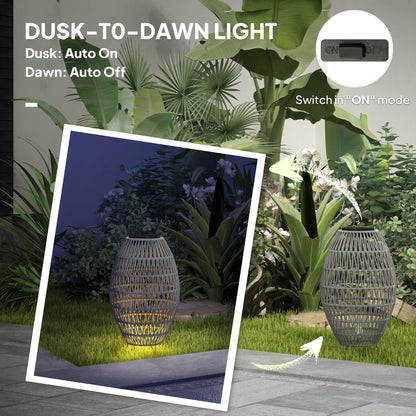 HOMCOM rattan solar garden lantern with auto on/off, waterproof IP44, decorative outdoor light for porch or pathway in grey