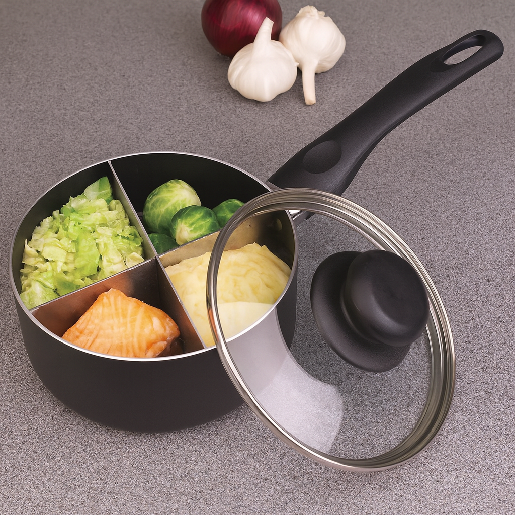 Avilo 20cm 4-way divided carbon steel saucepan with removable divider and vented lid, 4.9L capacity, ideal for multitasking cooking