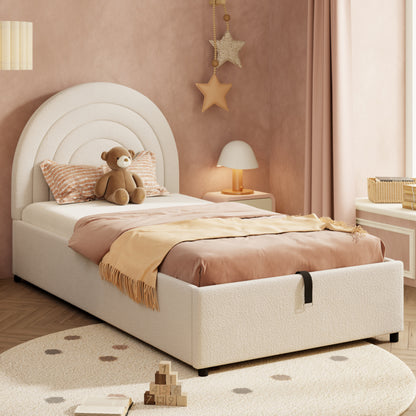 Beige upholstered children's bed with wooden slats, headboard, and bouclé fabric, suitable for teens and adults, easy to assemble.