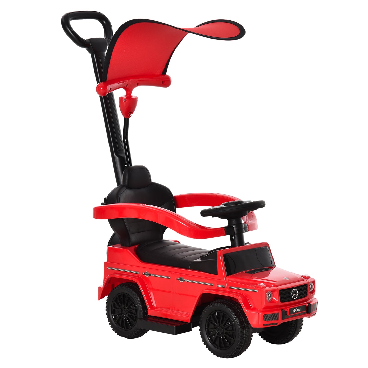 Red HOMCOM 3-in-1 kids ride-on push car with steering wheel, horn, and foot-to-floor design, ideal for toddlers and young children.