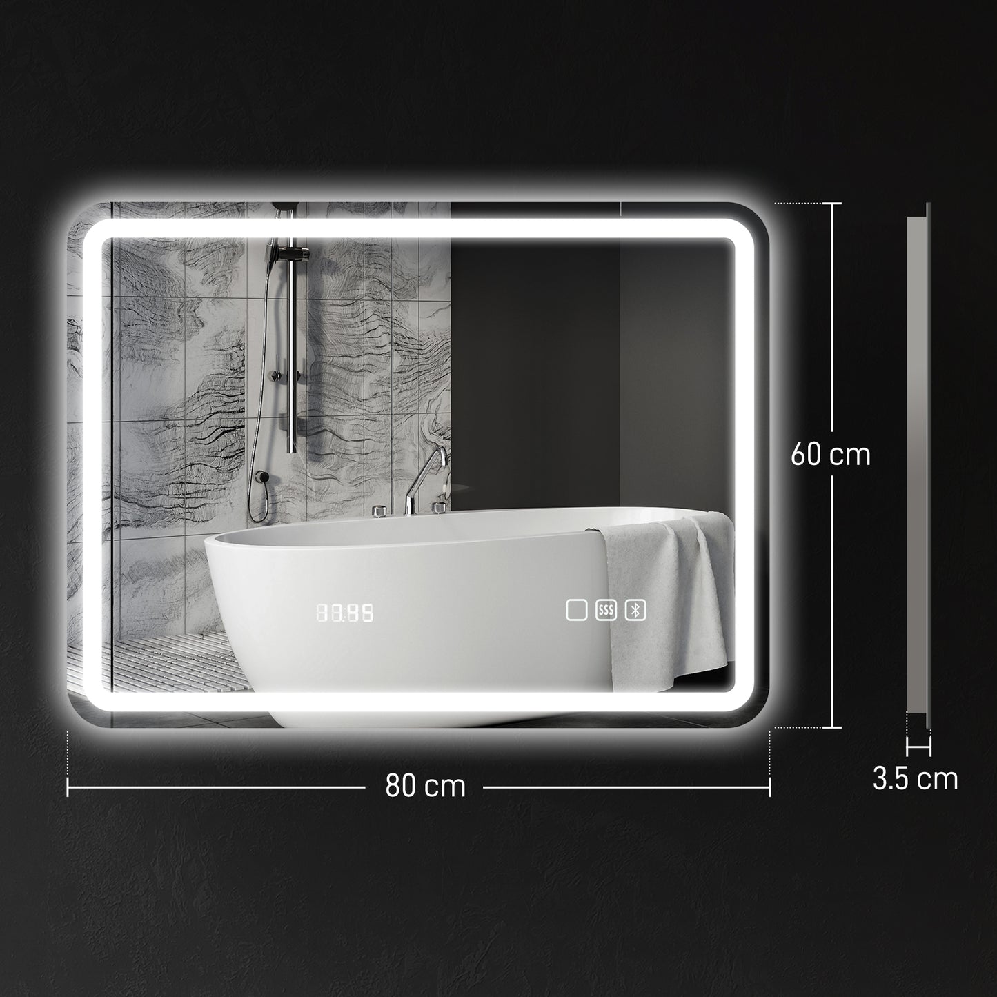 Silver-tone Bluetooth bathroom mirror, 80x60 cm, with sleek design and built-in Bluetooth speaker by HOMCOM.