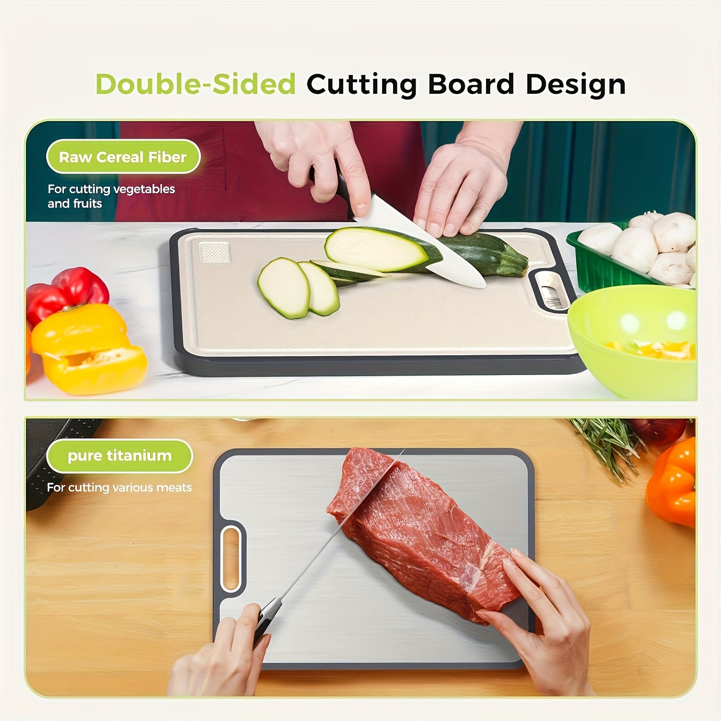 HOMCOM double-sided stainless steel chopping board with anti-slip base and handle, ideal for meat, vegetables, and fruits in kitchen and camping.