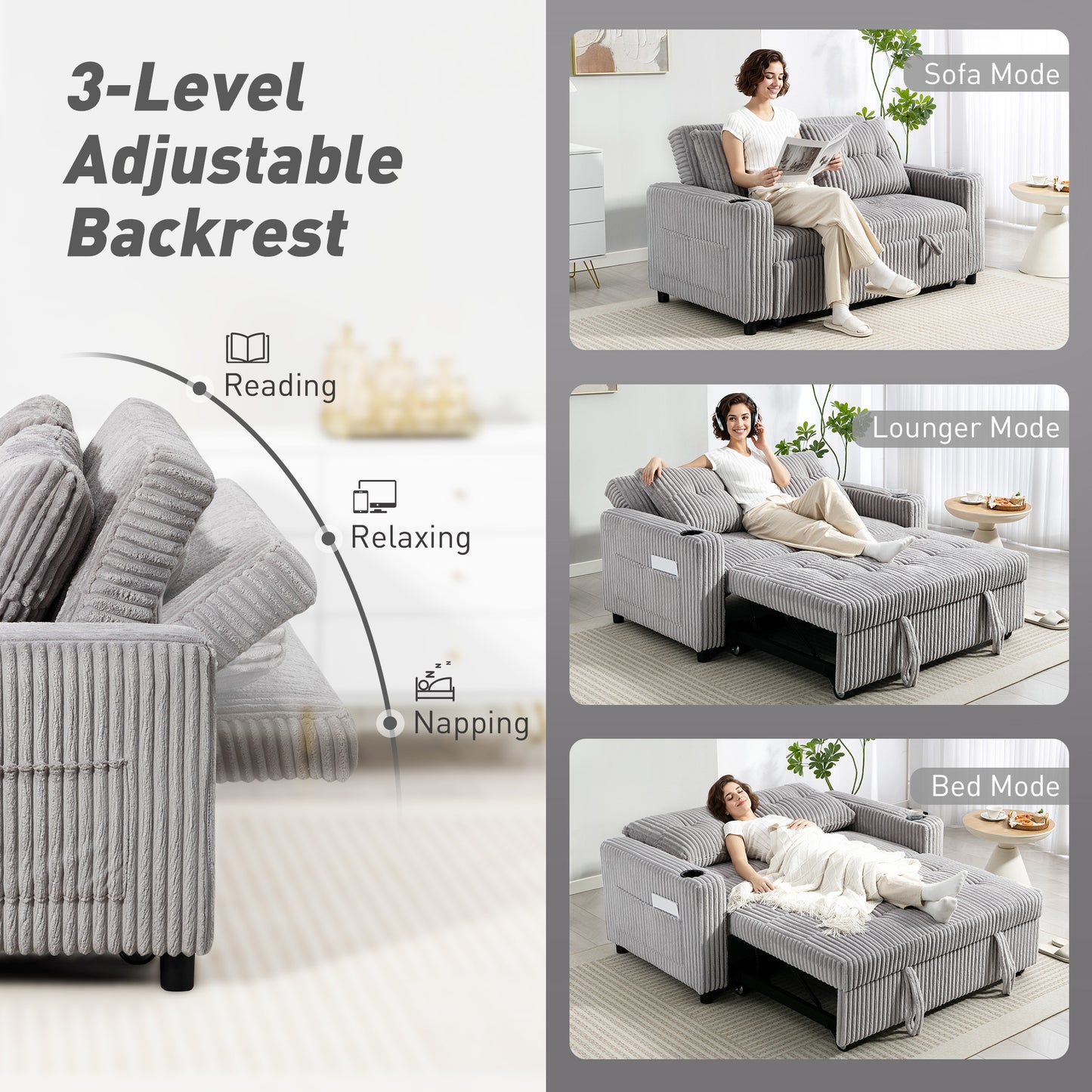 HOMCOM 2-seater click clack sofa bed with pull-out design in light grey corduroy upholstery, showing its versatile sitting and sleeping feature.