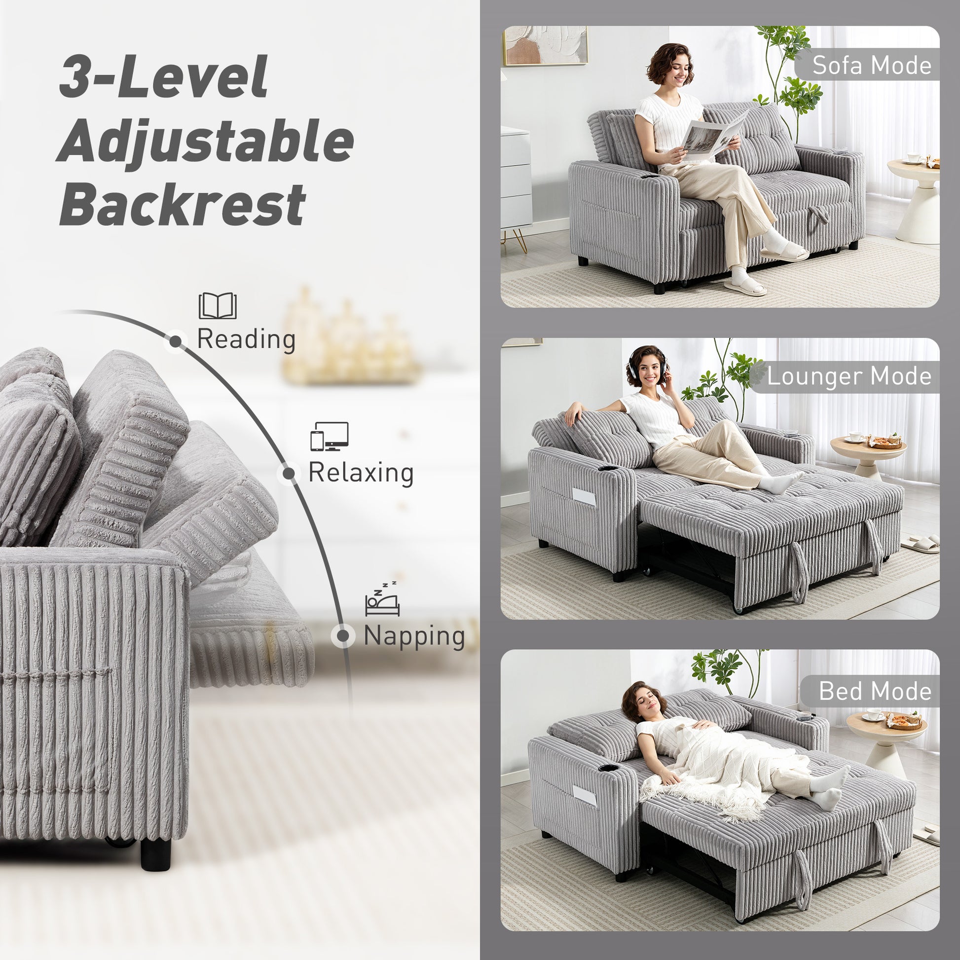 HOMCOM 2-seater click clack sofa bed with pull-out design in light grey corduroy upholstery, showing its versatile sitting and sleeping feature.