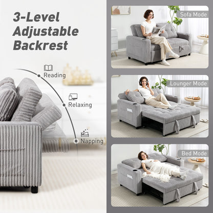 HOMCOM 2-seater click clack sofa bed with pull-out design in light grey corduroy upholstery, showing its versatile sitting and sleeping feature.