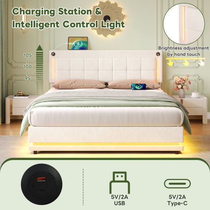 Beige HOMCOM 4ft6 double LED hydraulic bed with adjustable tufted headboard, built-in charging station, USB, and Type-C ports.