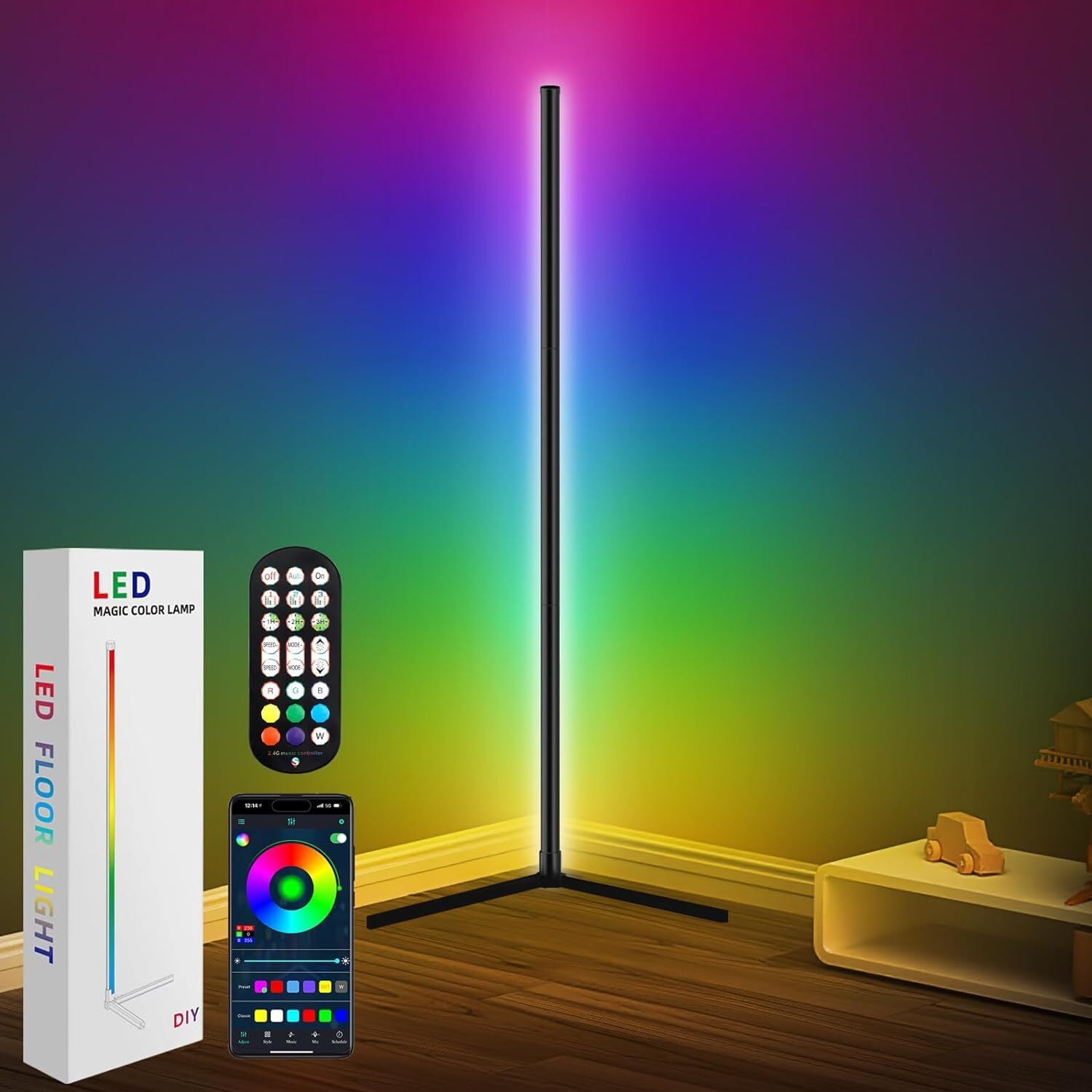 HOMCOM 10W RGB LED corner floor lamp with remote control, modern minimalist standing mood light for home decor, showing colorful lighting.