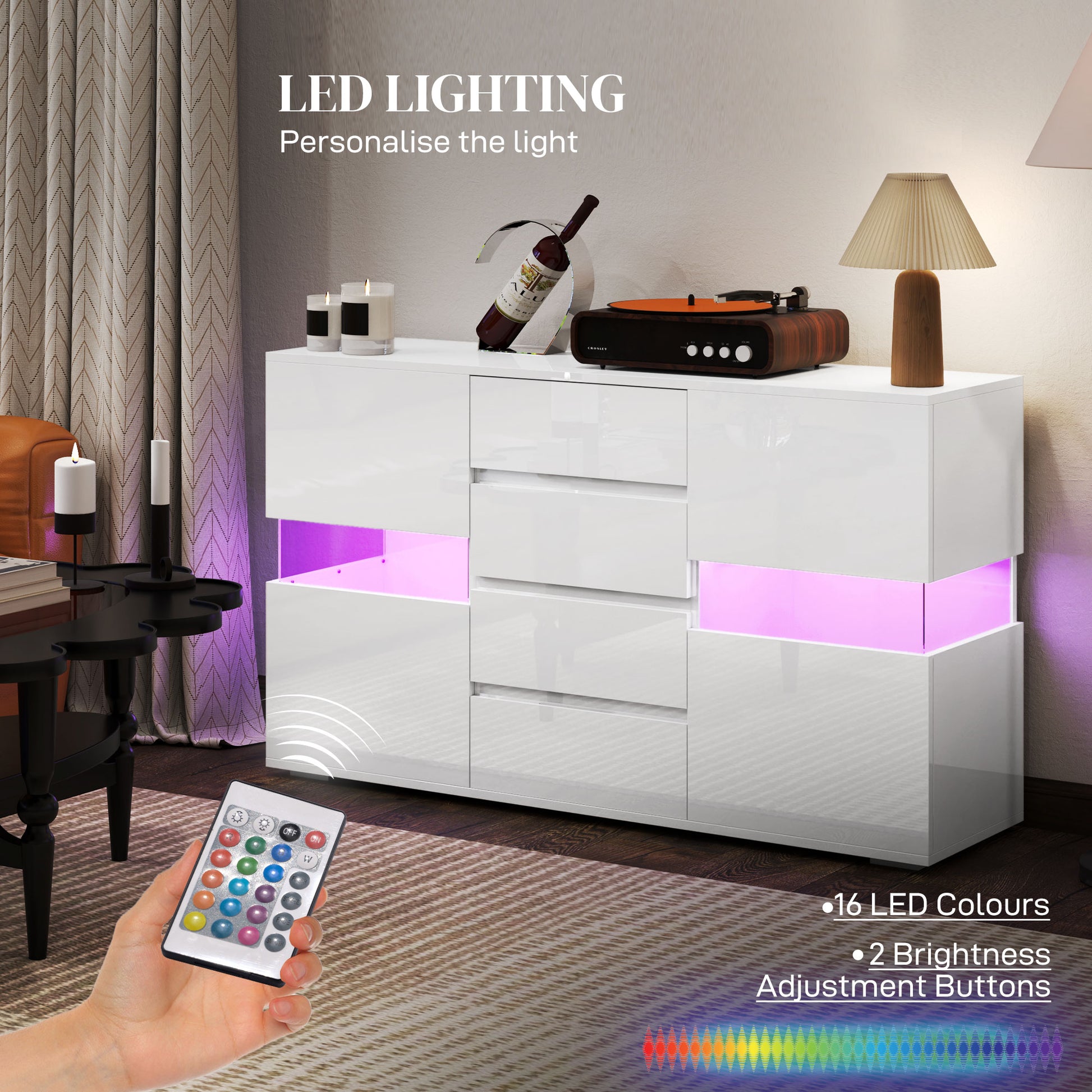 HOMCOM LED light sideboard in high gloss white with sleek design and illuminated interior, modern storage unit for living spaces.