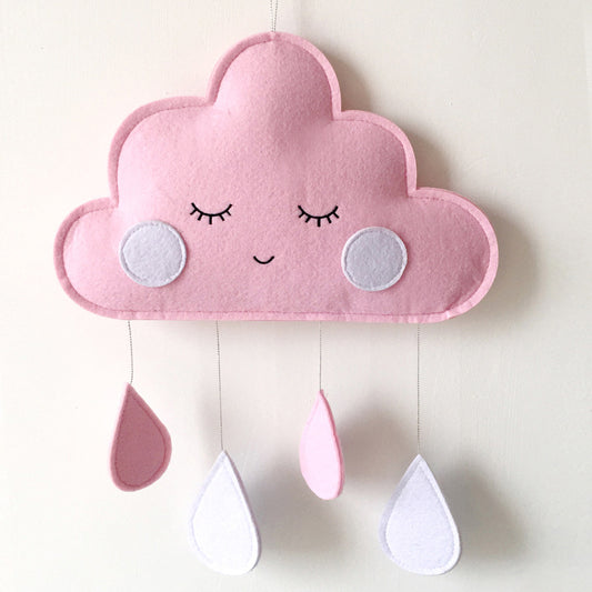 Soft felt clouds and raindrops hanging decoration for kids' room, crafted by eprolo, ideal for playful nursery decor.