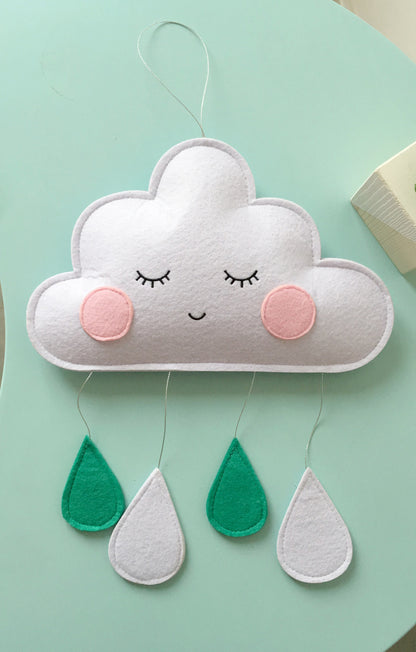 Colorful clouds and raindrops felt pendant hanging decoration for kids' rooms, made by eprolo.