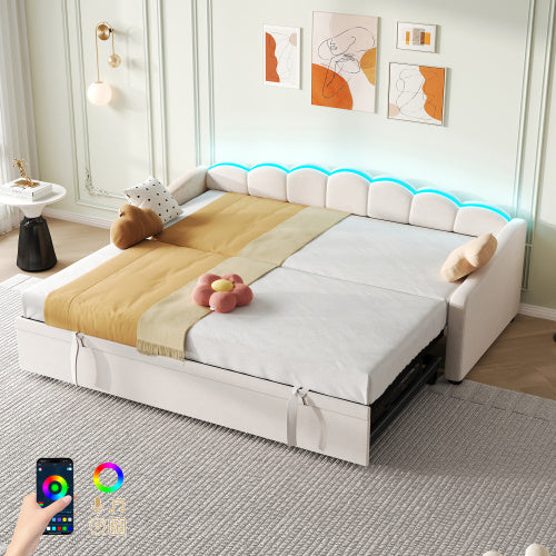 Beige 3ft upholstered velvet petal shape daybed with trundle and RGB LED lighting, designed by eprolo.