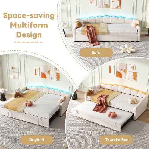 Beige 3ft upholstered velvet daybed with petal shape design, trundle bed, and RGB LED lighting by eprolo.