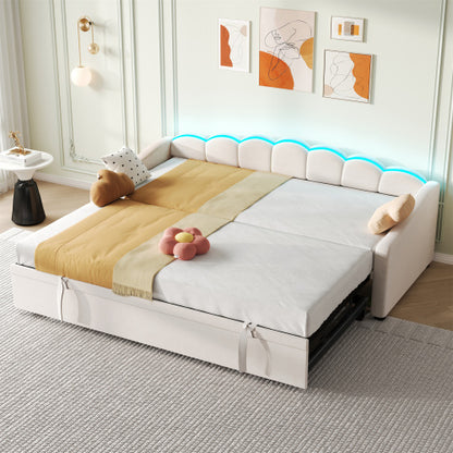 Beige 3ft upholstered velvet petal-shaped daybed with trundle and RGB LED lighting, ideal for modern bedroom decor.