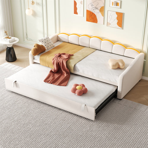 Beige 3ft upholstered velvet petal-shaped daybed with trundle and RGB LED lighting, perfect for stylish, comfortable lounging.
