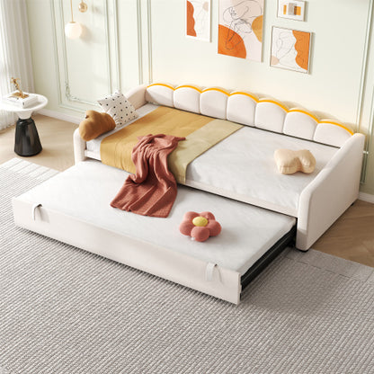 Beige 3ft upholstered velvet petal-shaped daybed with trundle and RGB LED lighting, perfect for stylish, comfortable lounging.