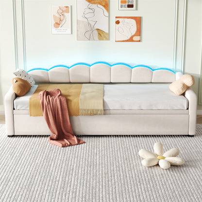 Beige 3ft upholstered velvet petal-shaped daybed with trundle and RGB LED lighting, by eprolo.