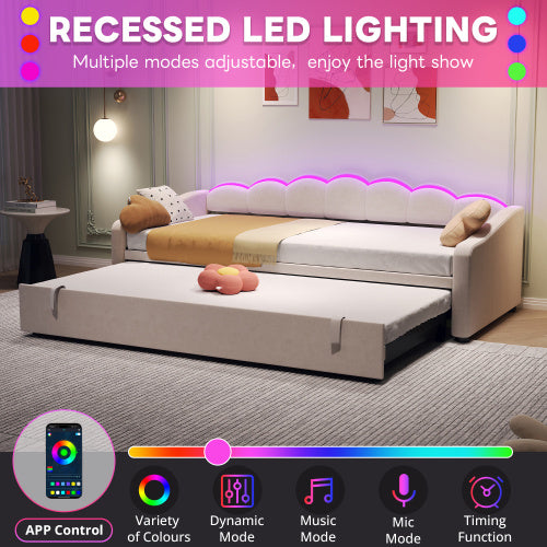 Beige 3ft upholstered velvet petal-shaped daybed with trundle and RGB LED lighting, stylish and comfortable for modern living spaces.
