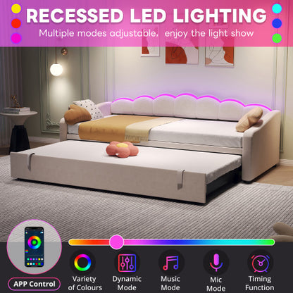 Beige 3ft upholstered velvet petal-shaped daybed with trundle and RGB LED lighting, stylish and comfortable for modern living spaces.