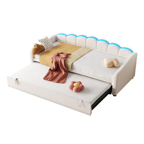 Beige 3ft upholstered velvet petal-shaped daybed with trundle and RGB LED lighting, perfect for stylish, comfortable lounging.