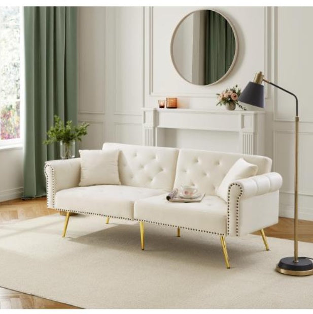 Beige modern 2-seater velvet sofa bed with adjustable backrest and gold metal legs, showcasing stylish and functional furniture.