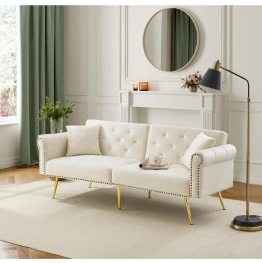 Beige modern 2-seater velvet sofa bed with adjustable backrest and gold metal legs, showcasing stylish and functional furniture.