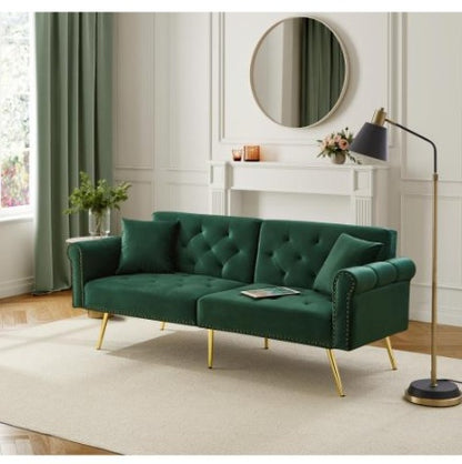 Modern beige velvet 2-seater sofa bed with adjustable backrest and gold metal legs, stylish eprolo furniture piece
