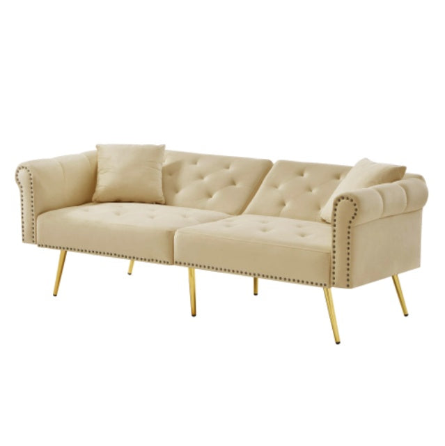 Modern beige velvet 2-seater sofa bed with adjustable backrest and gold metal legs, stylish eprolo living room furniture.