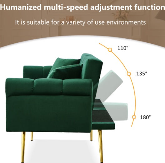 Beige modern 2-seater velvet sofa bed with adjustable backrest and gold metal legs, showcasing stylish and functional furniture.