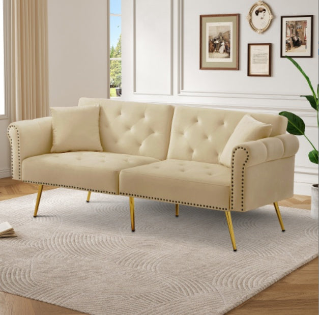 Beige modern 2-seater velvet sofa bed with adjustable backrest and gold metal legs, showcasing stylish and functional design.