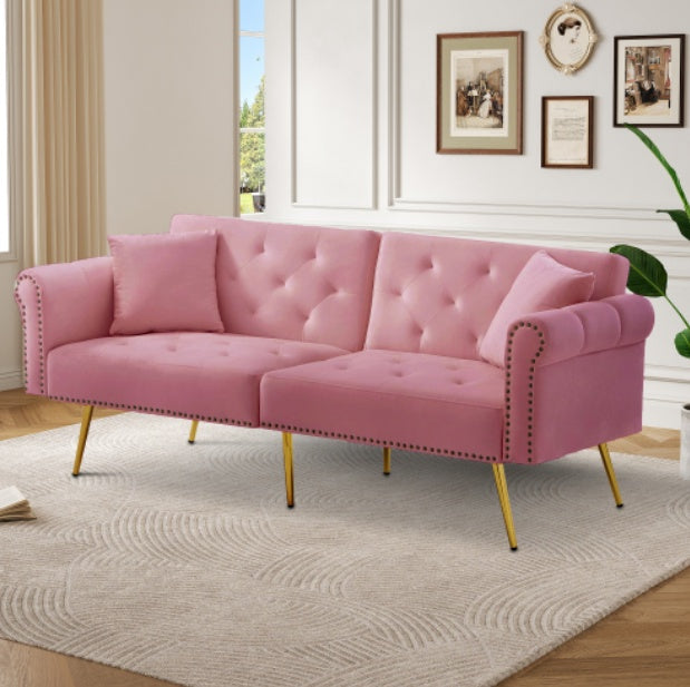 Modern beige velvet 2-seater sofa bed with adjustable backrest and gold metal legs, by eprolo.
