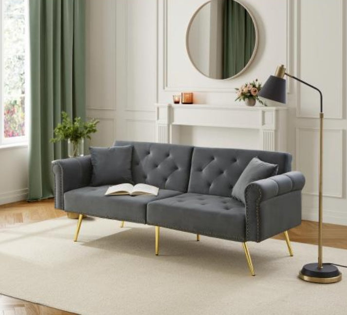 Modern beige velvet 2-seater sofa bed with adjustable backrest and gold metal legs, stylish eprolo living room furniture.