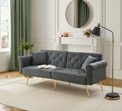 Modern beige velvet 2-seater sofa bed with adjustable backrest and gold metal legs, stylish eprolo living room furniture.