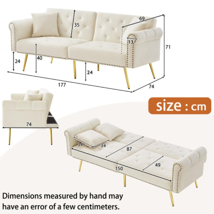 Modern beige velvet 2-seater sofa bed with adjustable backrest and gold metal legs, stylish eprolo living room furniture.