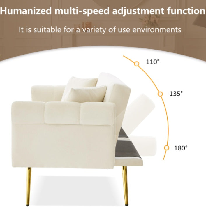 Beige modern 2-seater velvet sofa bed with adjustable backrest and gold metal legs, showcasing stylish comfort and contemporary design.