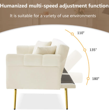 Beige modern 2-seater velvet sofa bed with adjustable backrest and gold metal legs, showcasing stylish comfort and contemporary design.