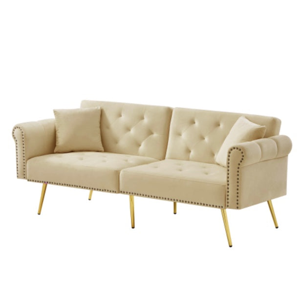 Modern beige velvet 2-seater sofa bed with adjustable backrest and gold metal legs, stylish eprolo living room furniture.