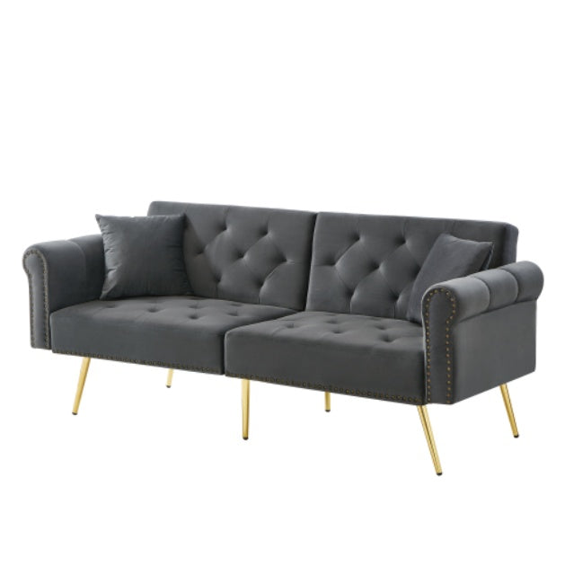 Modern beige velvet 2-seater sofa bed by eprolo with adjustable backrest and gold metal legs, stylish and versatile for living rooms.