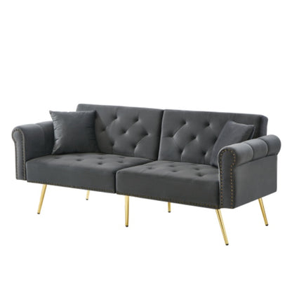 Modern beige velvet 2-seater sofa bed by eprolo with adjustable backrest and gold metal legs, stylish and versatile for living rooms.
