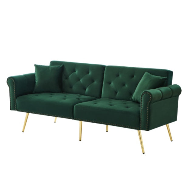 Beige modern 2-seater velvet sofa bed with adjustable backrest and gold metal legs, showcasing stylish comfort and sleek design.