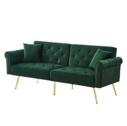 Beige modern 2-seater velvet sofa bed with adjustable backrest and gold metal legs, showcasing stylish comfort and sleek design.