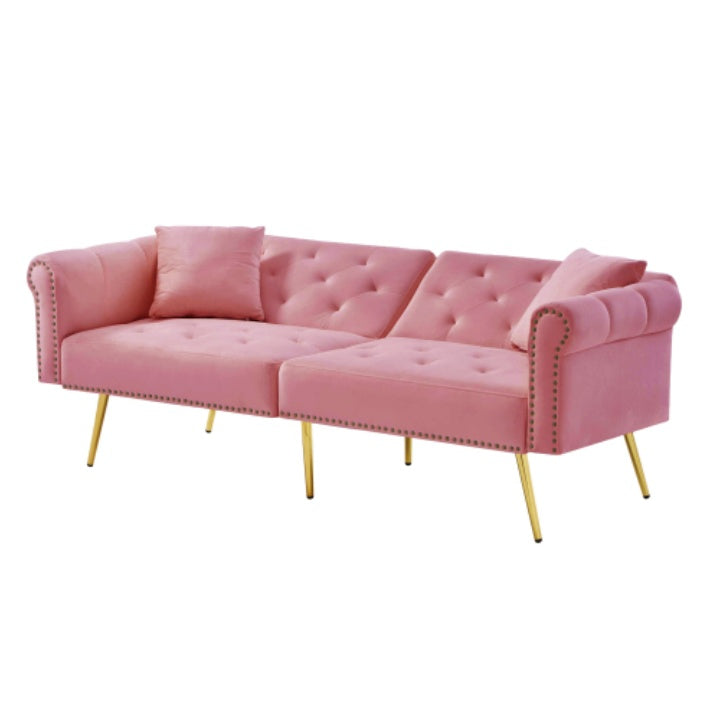 Modern beige velvet 2-seater sofa bed with adjustable backrest and gold metal legs, by eprolo.